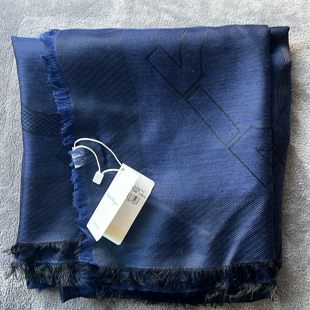Salvatore Ferragamo Silk Gancini Scarf In Navy, New With Tags